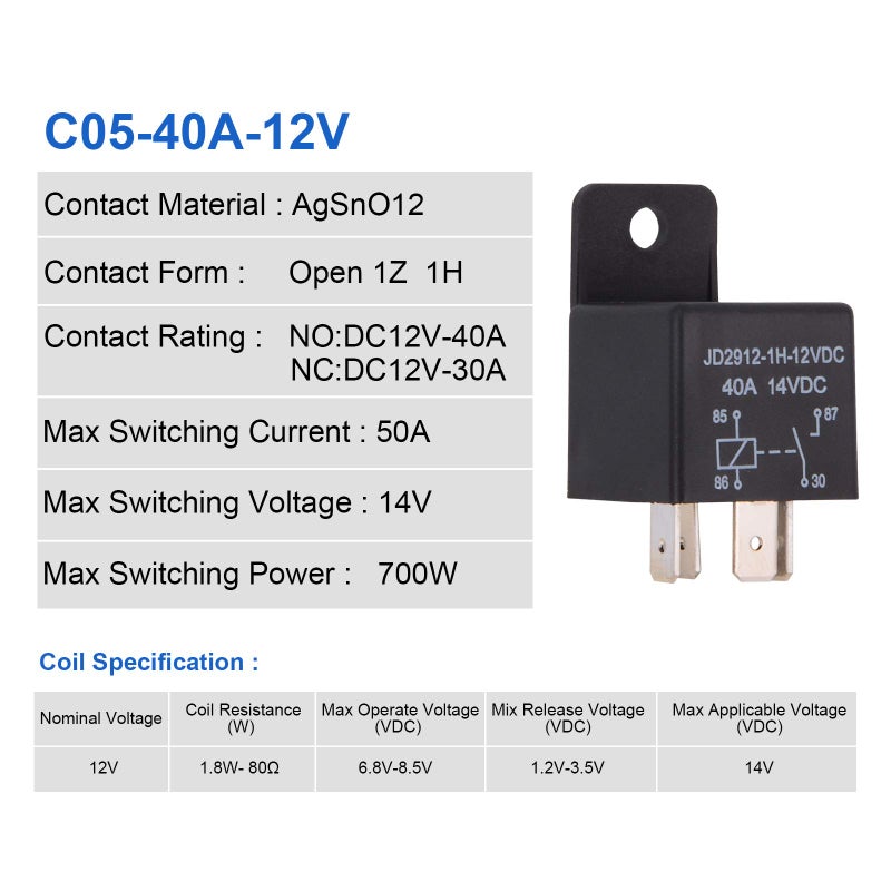 EHDIS Car Relay 4 Pin 12v 40amp Spst Model No.: JD2912-1H-12VDC 40A 14VDC, Auto Switches & Starters,Pack of 2 - Image 3